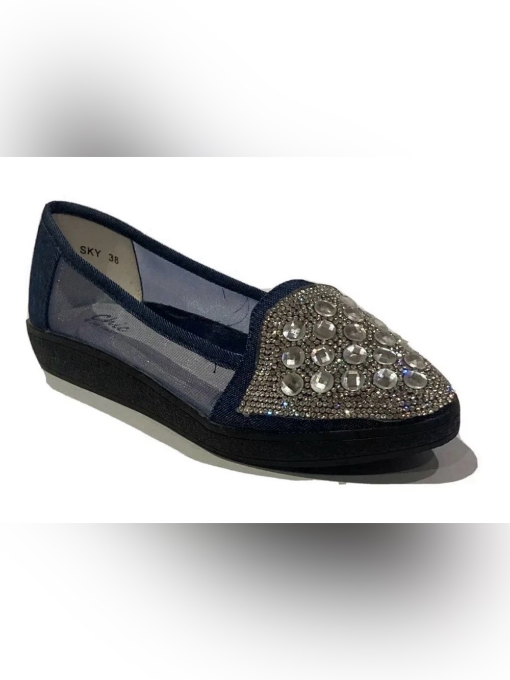 Chic by Lady Couture Womens Sky Flat Bejeweled Vegan Shoes in Blue, Size 7 US